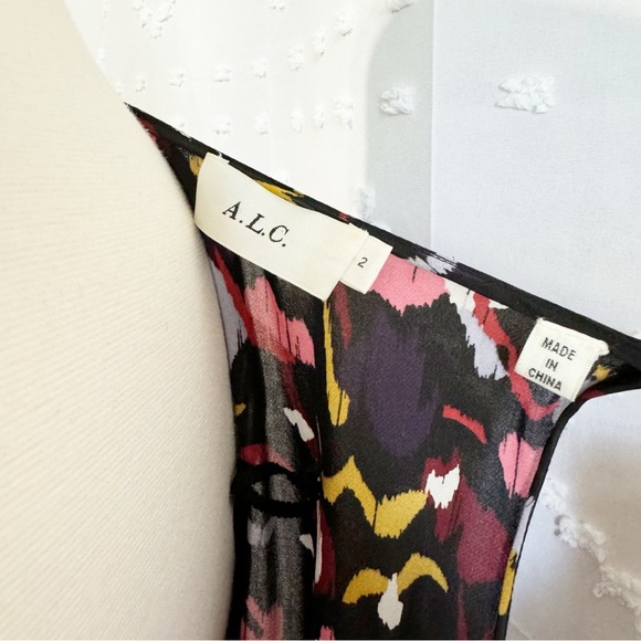🥈 584. A.L.C. Roslyn Silk Wrap Midi Sleeveless Dress Black Multicolor Size 2 - Picture 10 of 10